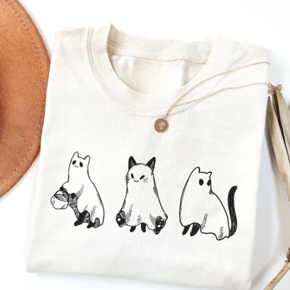 Tops - Halloween Ghost And Cats White Shirt